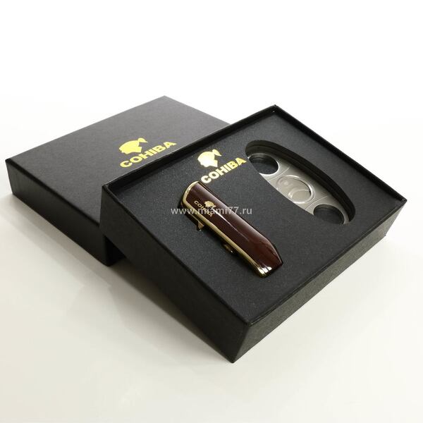 Подарочный набор COHIBA brown. Зажигалка с пробойником плюс резак для сигар (№976)
