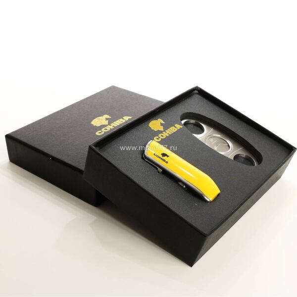 Подарочный набор COHIBA yellow. Зажигалка с пробойником плюс резак для сигар (№977)